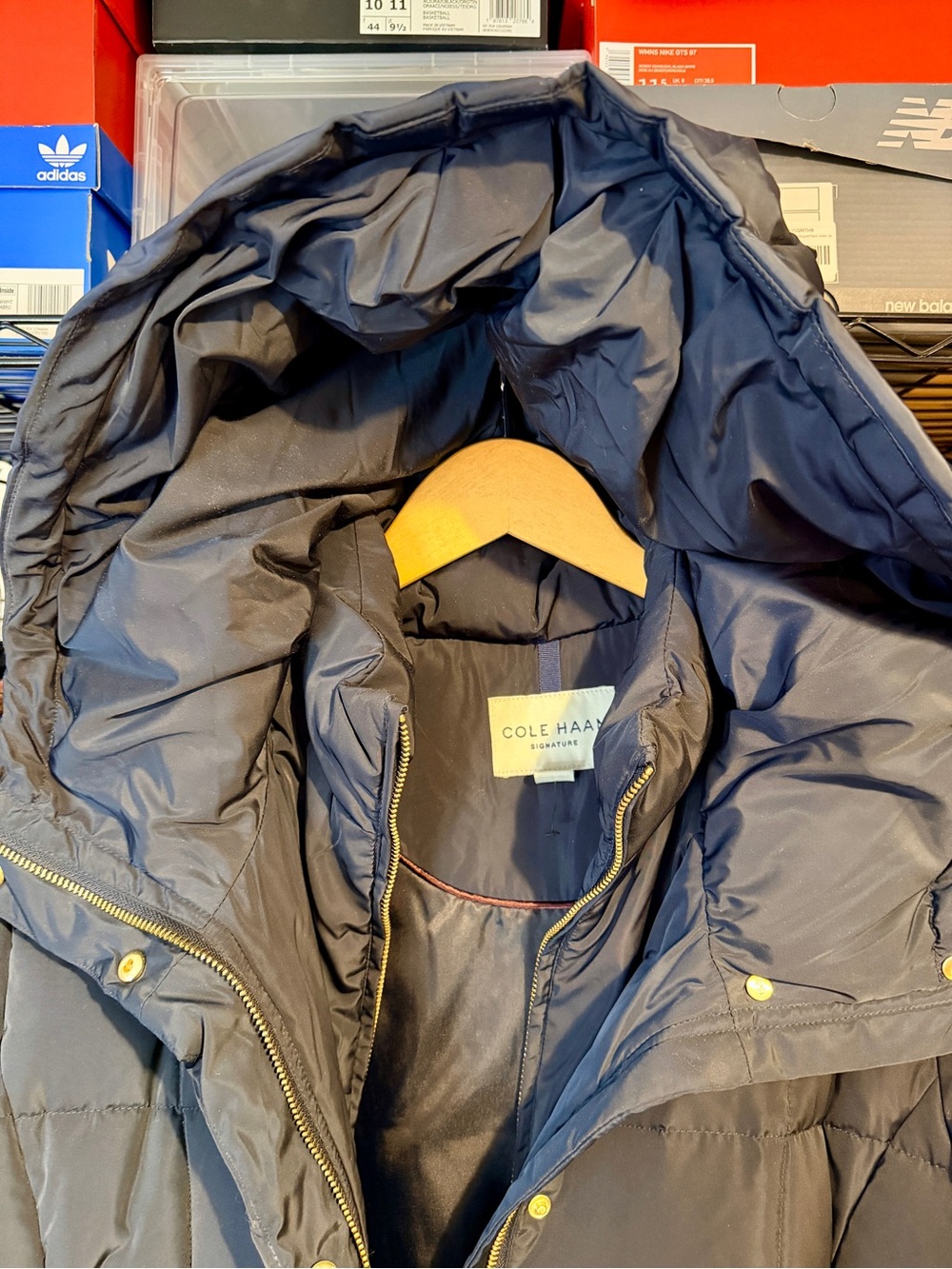 Cole Haan Slate Blue Quilted Long Puffer Coat with Hood - Picture 12 of 13